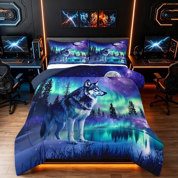 Manfei Mystic Wildlife King Size Comforter Sets, Aurora Jungle Wolf Comforters King Size, Blue Cyan, Blue Reversible, 3pcs, 1 Comforter and 2 Pillowcases
