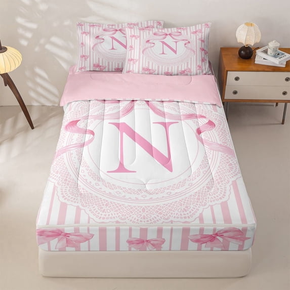 Manfei N Letter Initial Zipper Full Size Comforter Sets with Fitted Sheet and 2 Pillowcases For Girls,Lace Bow Tie Zipper Bedding Set For Kids,Pink Reversible,4-Piece