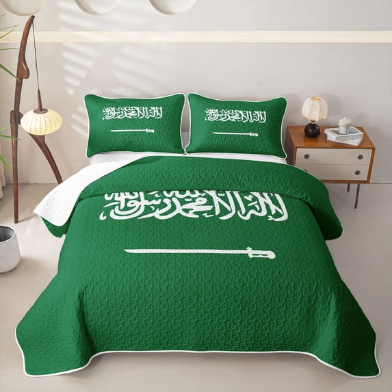 Manfei National Flag Quilt King,Green White King Coverlet Set,3 Pieces