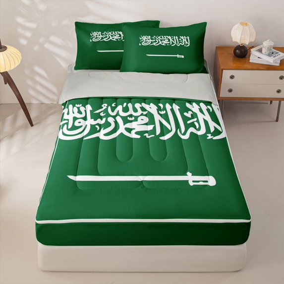 Manfei National Flag Zipper Twin Comforter Sets with Fitted Sheet and 2 Pillowcases,Green White Zipper Bedding Set,Light Gray Reversible,4pcs