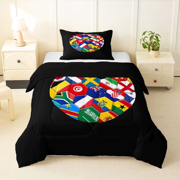 Manfei National Flags Twin Comforter Sets,Football Sports Bedding Set,Multicolor,Black Reversible,2 Pieces,1 Comforter and 1 Pillowcase