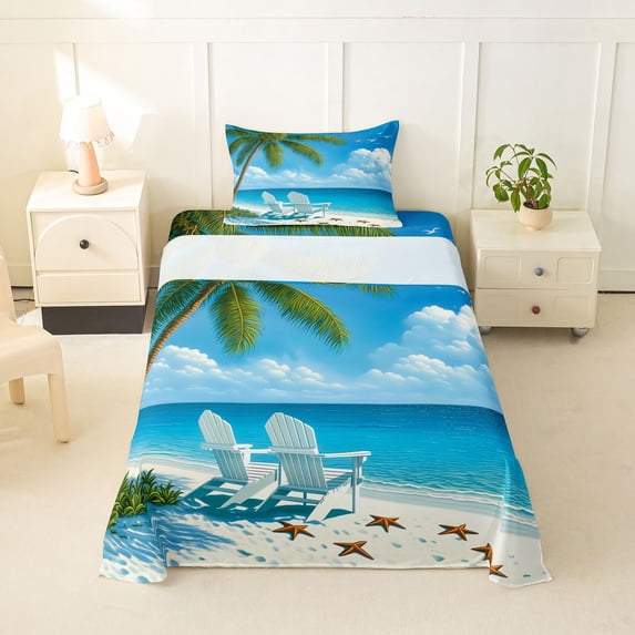 Manfei Natural Beach Twin Sheets,Cute Coconut Tree Bedding,Blue White,3-Piece,1 Fitted Sheet and 1 Pillowcase
