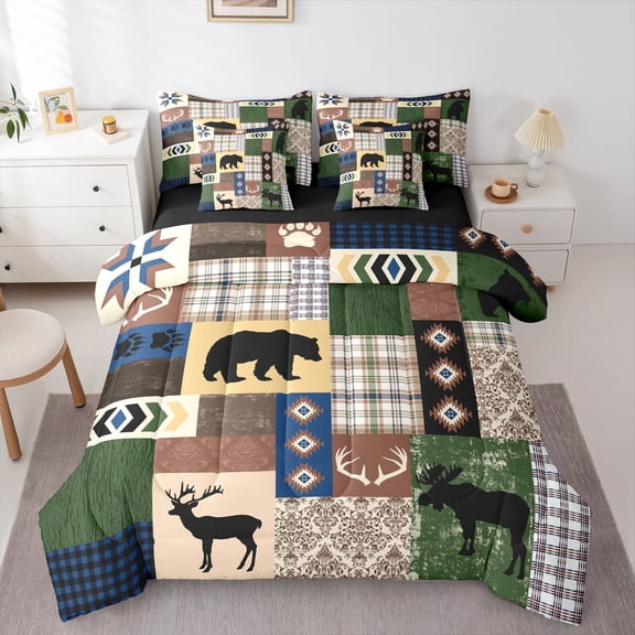 Manfei Natural Bear Patch 7 Pieces Full Size Bedding Sets,Blue Check Grid Full Size Bed in a Bag,Black Reversible