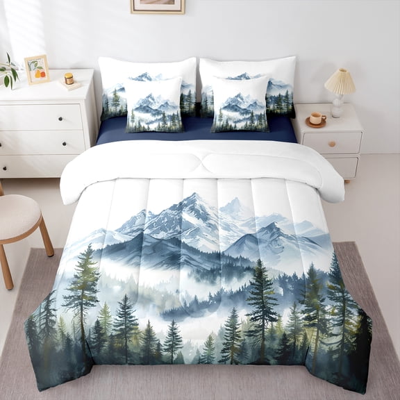 Manfei Natural Landscape 7pcs Bedding Comforter Set,Mountain Pine Tree Queen Bedding Sets,Rustic Plant Queen Sheet Sets For Adults,Breathable Home Decor Reversible