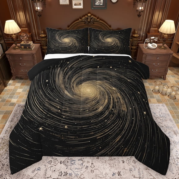 Manfei Natural Landscape Bedding Comforter Set,Galaxy Starry Night Twin Comforter Sets,Black Gold Bedding Set For Kids,Luxury Bedroom Decor Reversible,2pcs