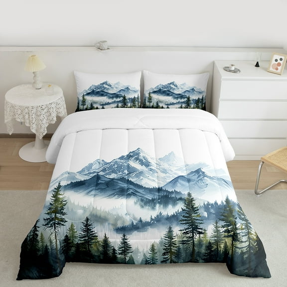 Manfei Natural Landscape Bedding Comforter Set,Mountain Pine Tree Twin Comforter Sets,Rustic Plant Bedding Set For Adults,Breathable Home Decor Reversible,2-Piece