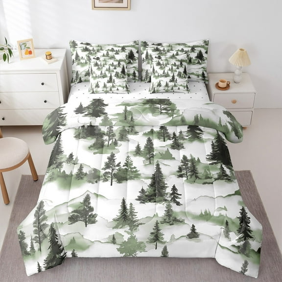Manfei Natural Plant Bedding Comforter Set 7-Piece,Country Pine Tree King Bedding Sets,Green White Bed Sheets,Super Cozy Room Decor,Reversible