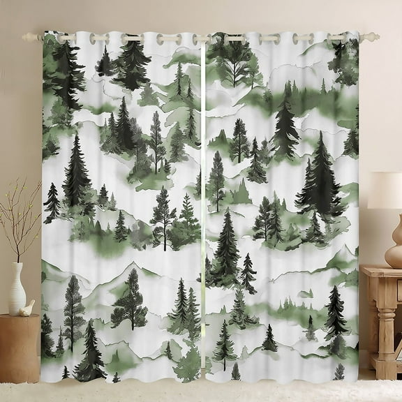 Manfei Natural Plant Blackout Curtains Set of 2 (52x84 Each),Country Pine Tree Window Curtains,Green White Curtains and Drapes,Super Cozy Room Decor