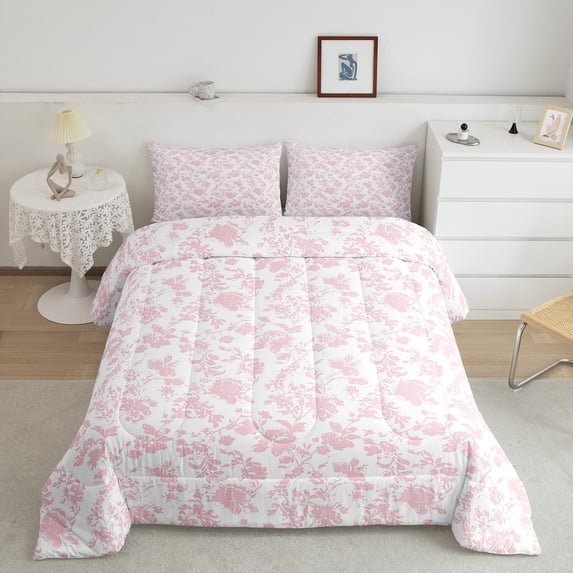 Manfei Natural Plant Floral Bedding Comforter Set,Boho Print Twin Comforter Sets,Pink White Bedding Set,Super Cozy Room Decoration Reversible,2pcs