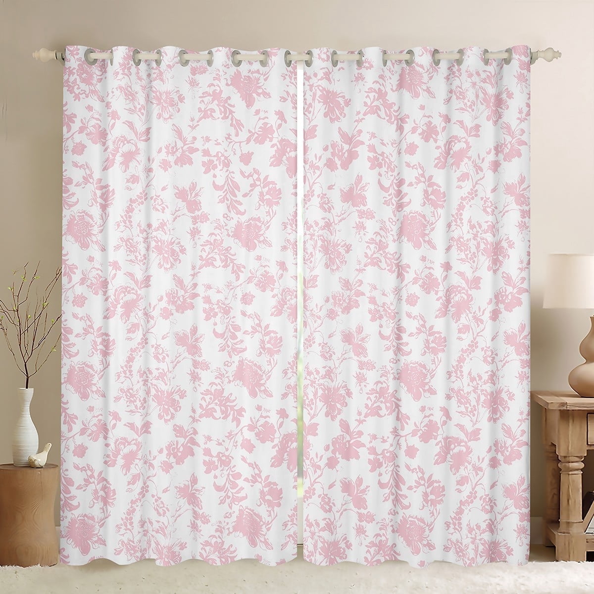 Manfei Natural Plant Floral Blackout Curtains Set of 2 (52x84 Each),Boho Print Window Curtains,Pink White Curtains and Drapes,Super Cozy Room Decoration