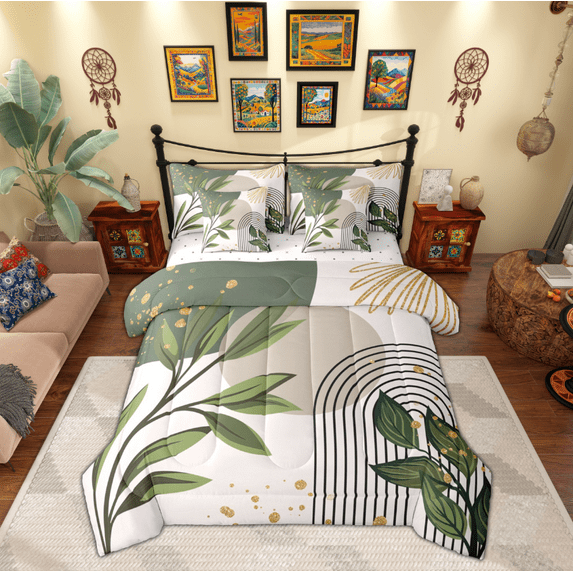 Manfei Natural Plant Leaves 7-Piece Twin Bedding Sets,Abstract Geometric Strpied Bedding Comforter Set,Green White Black Sheet Sets For Adult,Super Cozy Room Decor Reversible