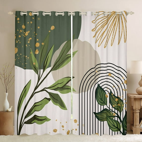 Manfei Natural Plant Leaves Black Out Curtains,Abstract Geometric Strpied Curtains Pack of 2 (42x63 Each),Green White Black Bedroom Curtains For Adult,Super Cozy Room Decor