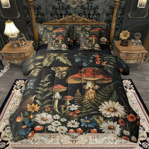 Manfei Natural Plant Mushroom 7-Piece Bedding Comforter Set,Country Floral Daisy King Bedding Sets,Red White Black Bed Sheets For Boys Kids,Breathable Home Decor Reversible