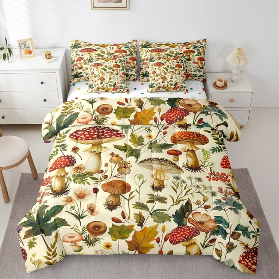 Manfei Natural Plant Mushroom 7-Piece Twin Bedding Sets,Rustic Farmhouse Cabin Bedding Comforter Set,Red Bwige Green Sheet Sets For Children,Breathable Home Decor Reversible