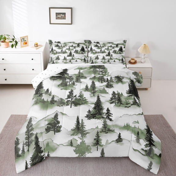 Manfei Natural Plant Queen Comforter Set,Country Pine Tree Bedding Sets,Green White Bedding Comforter Set,Super Cozy Room Decor Reversible,3 Pieces