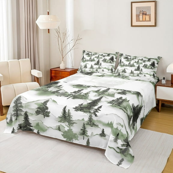 Manfei Natural Plant Queen Sheet Sets,Country Pine Tree Flat Sheet,Green White Queen Fitted Sheet,Super Cozy Room Decor,4 Pieces