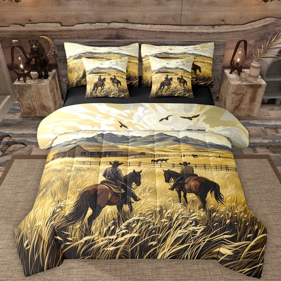 Manfei Natural Scenery Mountain 7-Piece Bedding Comforter Set,Rustic Western Cowboy King Bedding Sets,Old Barn Door Bed Sheets For Boy Kids,Luxury Bedroom Decor Reversible