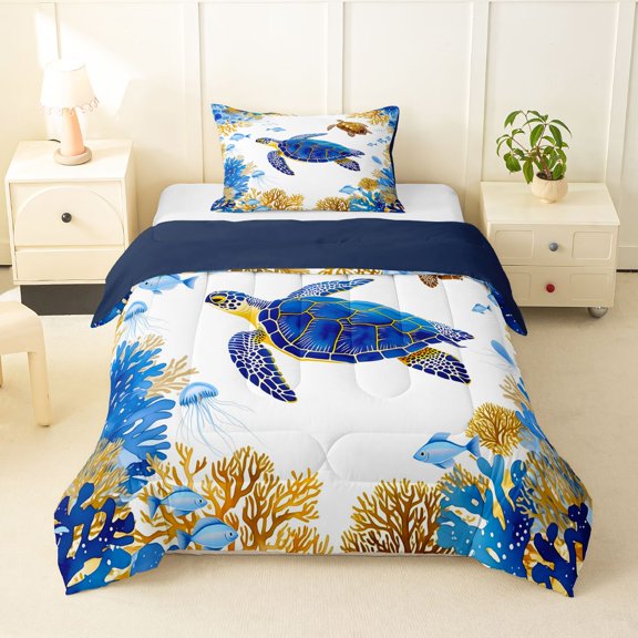 Manfei Natural Sea Plant Twin Comforter Sets,Cute Ocean Turtle Bedding Set,White Blue,Nary Blue Reversible,2 Pieces,1 Comforter and 1 Pillowcase