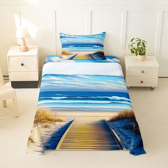 Manfei Natural Sky Twin Sheets,Gentle Beach Bedding,Blue Yellow,3 Pieces,1 Fitted Sheet and 1 Pillowcase