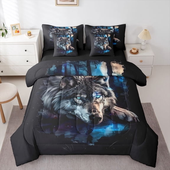 Manfei Natural Wolf 7 Pieces Full Size Bedding Sets,Dark Night Woodland Full Size Bed in a Bag,Black,Black Reversible