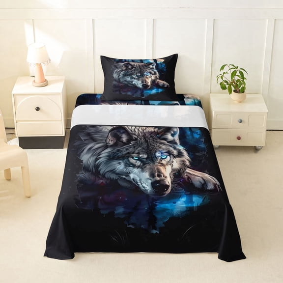 Manfei Natural Wolf Twin Sheets,Dark Night Woodland Bedding,Black,3-Piece,1 Fitted Sheet and 1 Pillowcase