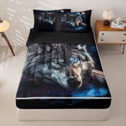 Manfei Natural Wolf Zipper Twin Comforter Sets with Fitted Sheet and 2 Pillowcases,Dark Night Woodland Zipper Bedding Set,Black,Black Reversible,4pcs