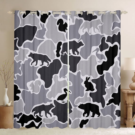 Manfei Natural Wolves Kitchen Curtains,Retro Camouflage Black Out Curtains Pack of 2 (42x63 Each),Gray