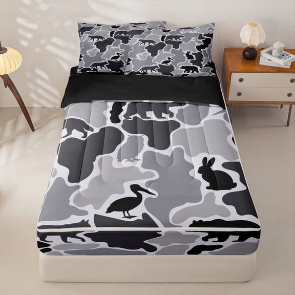 Manfei Natural Wolves Zipper Twin Comforter Sets with Fitted Sheet and 2 Pillowcases,Retro Camouflage Zipper Bedding Set,Gray,Black Reversible,4pcs