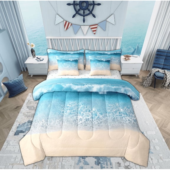 Feelyou Nature Beach Bedding Comforter Set 7pcs, Blue Ocean Waves Queen Bedding Sets, Marine Sea Theme Queen Sheet Sets, Microfiber Room Decor