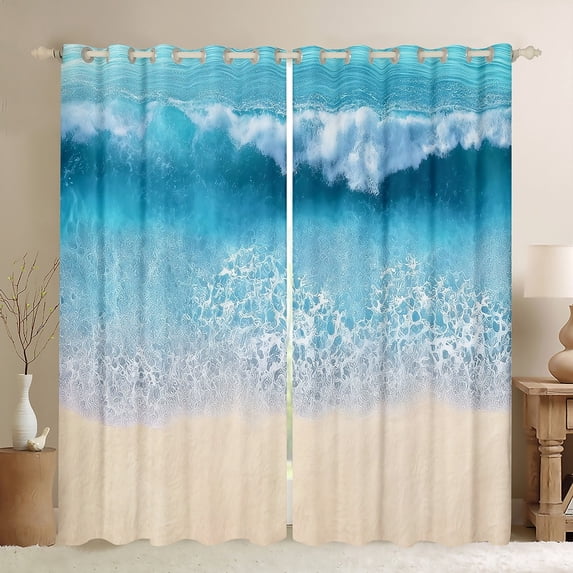 Feelyou Nature Beach Blackout Curtains Set of 2 (52x84 Each), Blue Ocean Waves Window Curtains, Marine Sea Theme Curtains and Drapes, Curtains and Drapes Room Decor