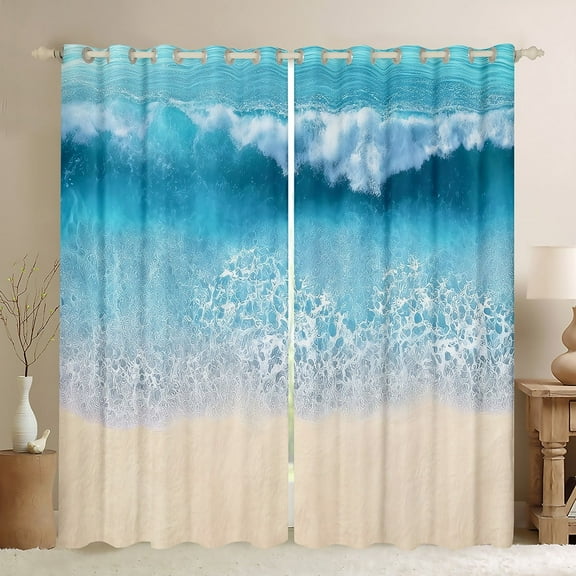 Feelyou Nature Beach Curtains Pack of 2 (42x84 Each), Blue Ocean Waves Curtains Blackout, Marine Sea Theme Bedroom Curtains, Curtains and Drapes Room Decor