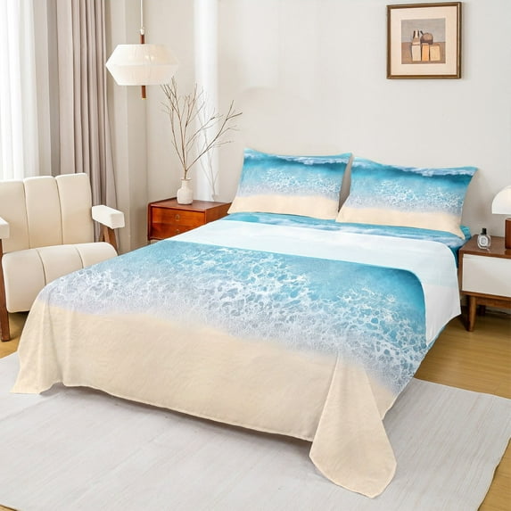 Feelyou Nature Beach Queen Sheet Sets, Blue Ocean Waves Flat Sheet, Marine Sea Theme Queen Fitted Sheet, Microfiber Room Decor, 4 Piece