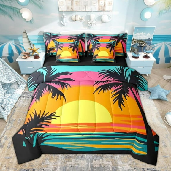 Manfei Nature Beach Sunset Bedding Comforter Set 7pcs, Tropical Palm Tree Queen Bedding Sets, Cartoon Ocean Queen Sheet Sets, Microfiber Bedroom Decor