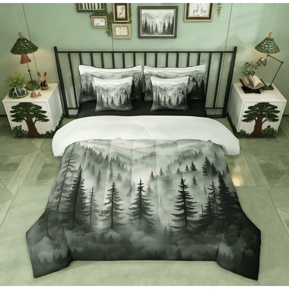 Manfei Nature Scenery Mountain 7pcs Bedding Comforter Set,Rustic Woodland Botanical Pine Tree Queen Bedding Sets For Kids Adults Natural Jungle Plants Reversible