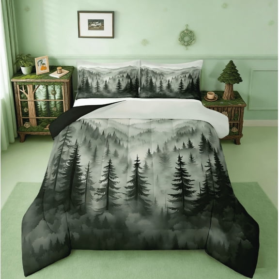 Manfei Nature Scenery Mountain Queen Comforter Set, Rustic Woodland Botanical Pine Tree Bedding Comforter Set For Kids Adults Natural Jungle Plants Reversible 3-Piece