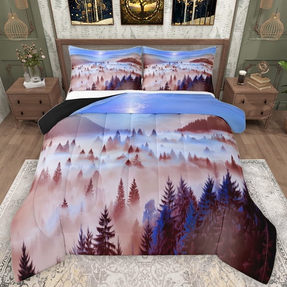 Manfei Nature Scenery Queen Comforter Set, Jungle Mountain Pine Tree Bedding Sets, Retro Natural Landscape Reversible Bedding Comforter Set, Blue Brown Microfiber Bedroom Decor, 3pcs