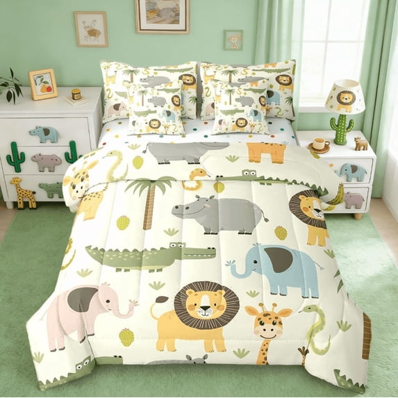 Manfei Nature Wildlife Zoo Animal Theme 7pcs Bedding Comforter Set,Cartoon Lion Giraffe Crocodile Queen Bedding Sets Reversible