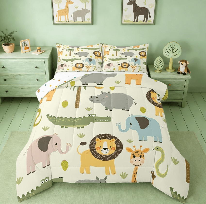Manfei Nature Wildlife Zoo Animal Theme Twin Comforter Sets, Cartoon Lion Giraffe Crocodile Bedding Set Reversible 2 Pieces