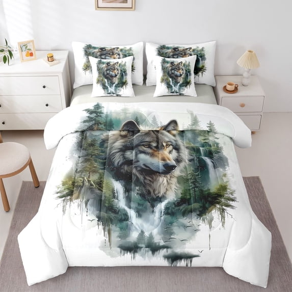 Manfei Nature Wolf 7pcs Queen Bedding,Rustic Wildlife Bedding Comforter Set Queen,White,Light Gray Reversible