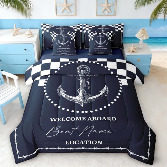Manfei Nautical Anchor Checkerboard Bedding Comforter Set for Kids Boys and Girls, Nautical Themed Queen Bedding Sets, Navy Reversible 7 Pieces