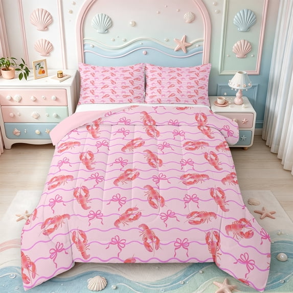 Manfei Nautical Bowtie Queen Comforter Set,Lobster Wave Comforter Sets Queen,Pink Reversible,3pcs,1 Comforter and 2 Pillowcases