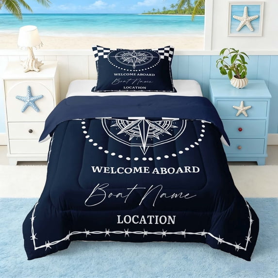 Manfei Nautical Compass Checkerboard Twin Comforter Sets for Kids Boys and Girls, Nautical Print Bedding Set, Navy Reversible 2pcs, 1 Comforter and 1 Pillowcase