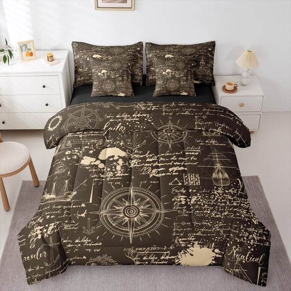 Manfei Nautical Compass Child Bedding Comforter Set 7-Piece, Ocean Marine Sailing King Bedding Sets, Cartoon Sailboat Reversible Bed Sheets, Ultra Soft Home Decor