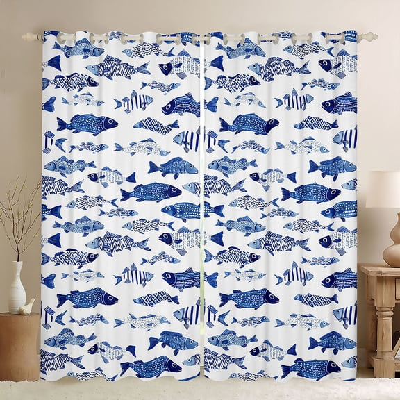 Manfei Nautical Fish Blackout Curtains, Marine Abstract Animal Window Curtains Pack of 2 (38x45 Each), Blue White