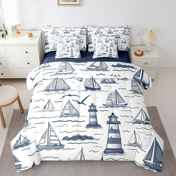 Manfei Nautical Lighthouse Twin Bedding Sets 7pcs,Ocean Adventure Travel Bedding Comforter Set 7pcs,Sea Sailboat Sheet Sets,Lightweight Bedroom Decorative Reversible