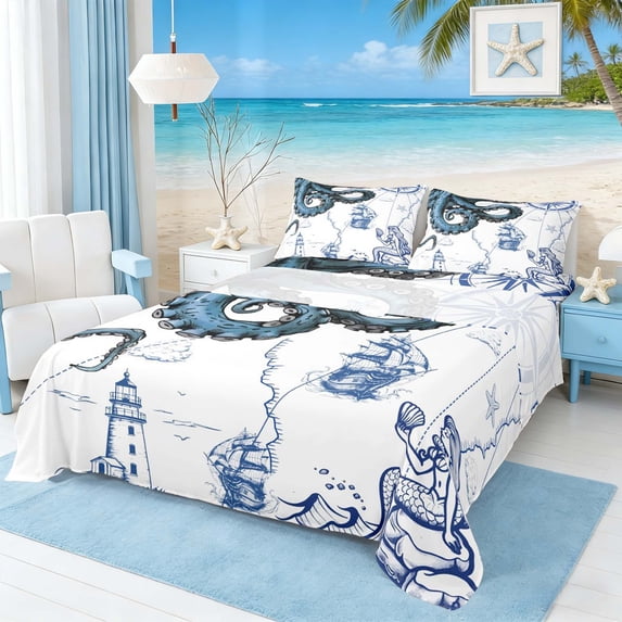 Manfei Nautical Octopus Full Size Sheets for Kids Boys and Girls, Vintage Sailing Lighthouse Bed Sheets 4pcs, 1 Flat Sheet, 1 Fitted Sheet and 2 Pillowcases
