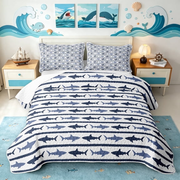 Manfei Nautical Shark Twin Quilt Set, Horizontal Stripe Twin Coverlet Set, White Navy, 2-Piece, 1 Bedspread and 1 Pillowcase
