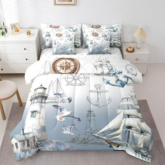Manfei Nautical Theme Bedding Twin Size,Lighthouse Ship Anchor Comforter Sets with Sheets,Watercolor Coastal Bedding Sets Twin Size,Super Cozy Room Decorative,7pcs