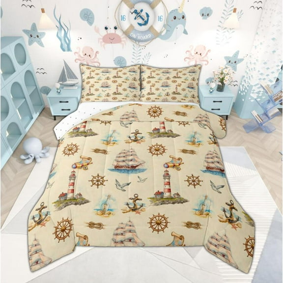 Manfei Nautical Theme Queen Comforter Set, Vintage Anchor Lighthouse Bedding Sets, Sailboat Rudder Bedding Comforter Set, Ultra Soft Bedroom Decor Reversible 3pcs