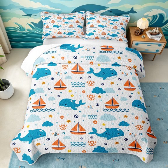 Manfei Nautical Whale Twin Quilt Set, Sailboat Ocean Twin Coverlet Set, Blue White, 2pcs, 1 Bedspread and 1 Pillowcase